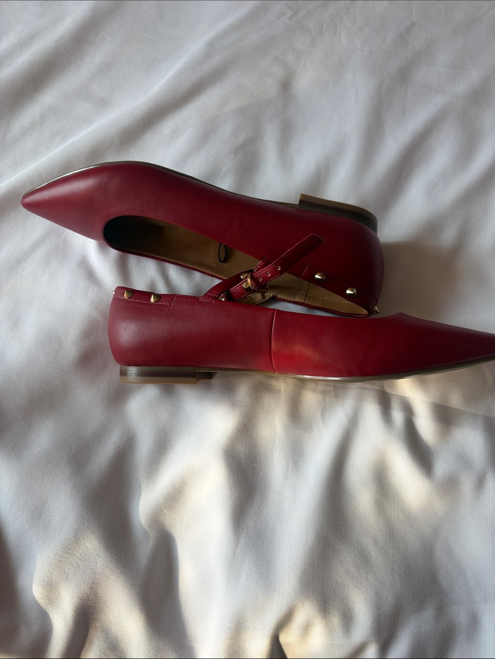 Marc Fisher Red Pointed Leather Flats with Gold Studded Ankle Straps - Picture 4 of 6